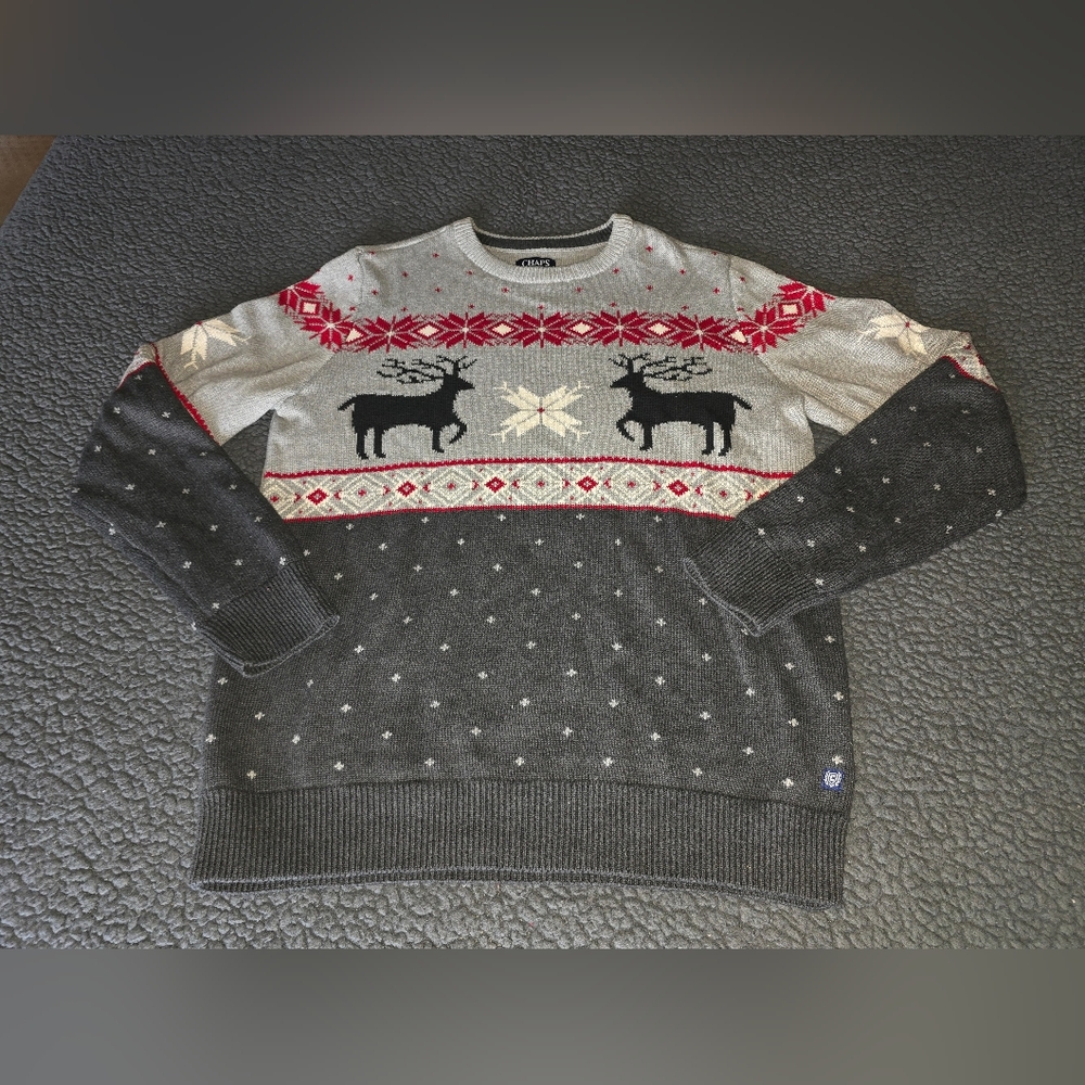 Chaps Gray and Red Reindeer Crewneck Sweater